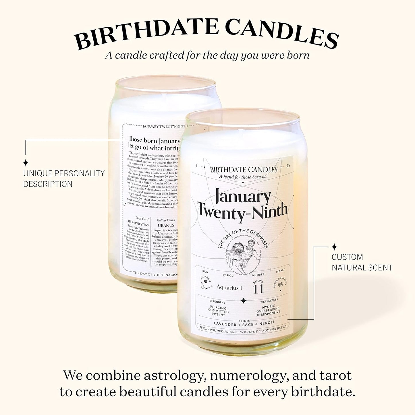 Birthdate Candles, March 1 - Pisces Zodiac Scented Candles Birthday Gift - Jasmine, Cedarwood & Thyme Scent - All-Natural Soy & Coconut Wax, 60-80 Hour Burn Time - Made in USA