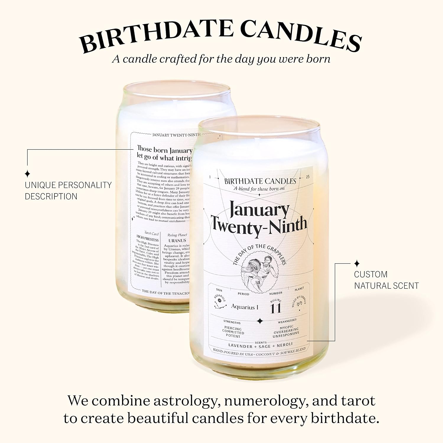 Birthdate Candles, March 1 - Pisces Zodiac Scented Candles Birthday Gift - Jasmine, Cedarwood & Thyme Scent - All-Natural Soy & Coconut Wax, 60-80 Hour Burn Time - Made in USA
