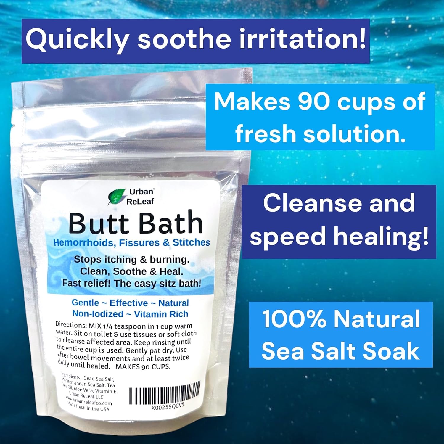 Urban ReLeaf Butt Bath, 6 oz. Bag, Sitz Bath Sea Salt Soak | Hemorrhoids, Fissures & Stitches, Helps Itching & Burning, Clean, Soothe & Calm, Gentle Relief, 100% Natural