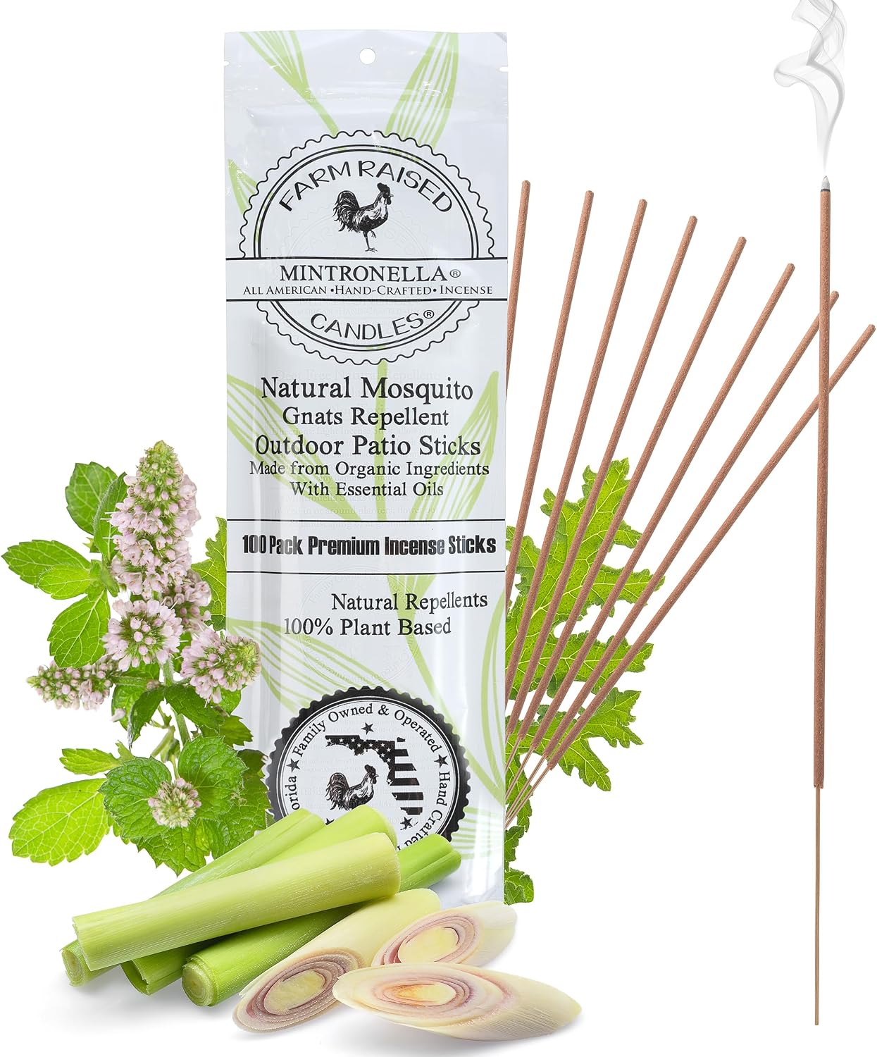 Mintronella USA Made Citronella & Peppermint Mosquito Repellent Incense Sticks – 100 Pack – Natural Bug & Insect Repellent – Outdoor Camping, Patio Decor – No‑See‑Um & Gnats, Fly