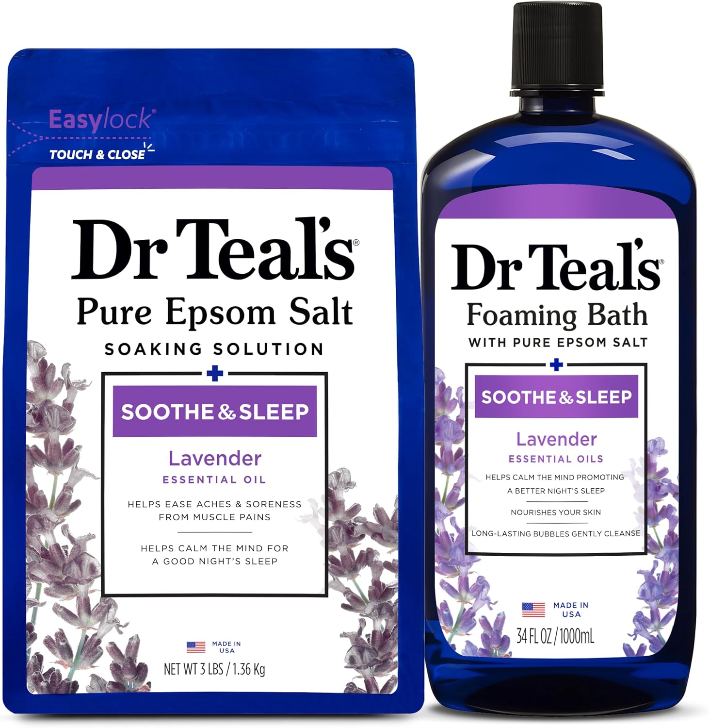 Dr. Teal's Epsom Salt Soaking Solution and Foaming Bath with Pure Epsom Salt Combo Pack, Lavender