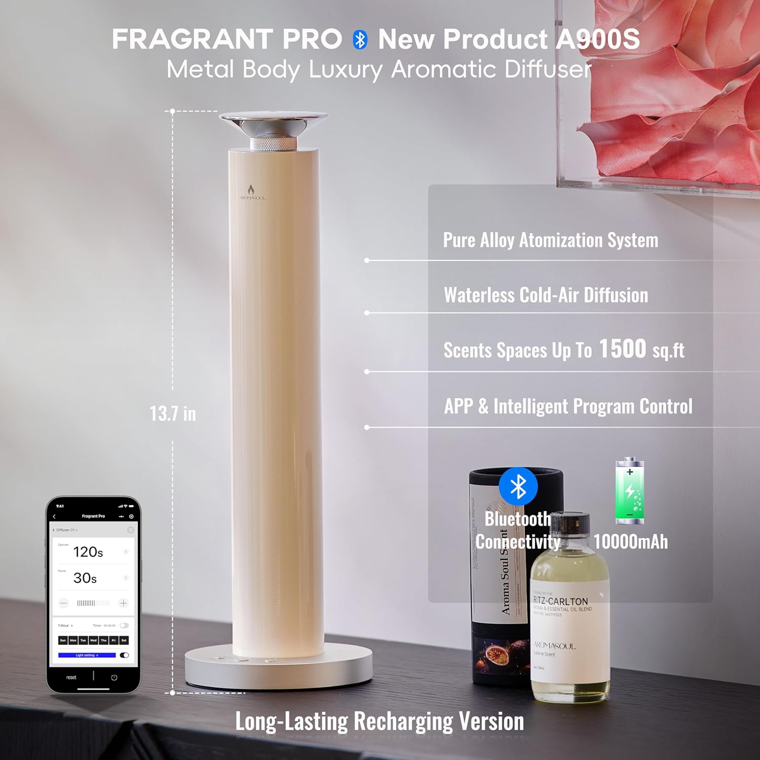 Waterless Scent Diffuser Starter Kit - Alloy Atomization System, Smart Rechargeable Hotel Scent Diffuser, 1500 Sq Ft Coverage, Including 6×15ml Essential Oils, for Home, Large Room, Spa, Cream