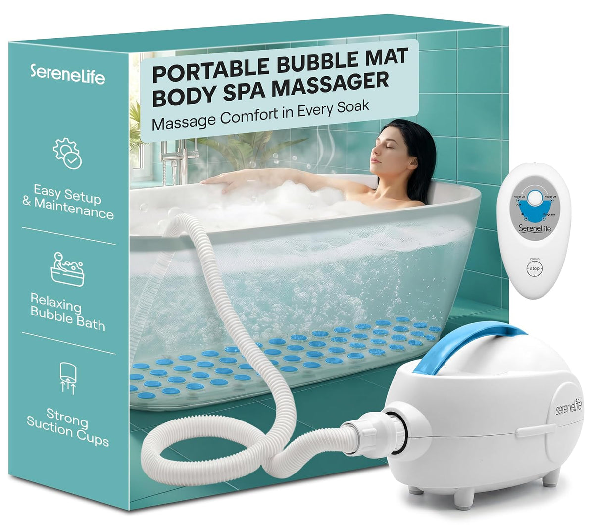 SereneLife Portable Spa Bubble Bath Massager - Waterproof Non-Slip Mat with Suction Cup Bottom
