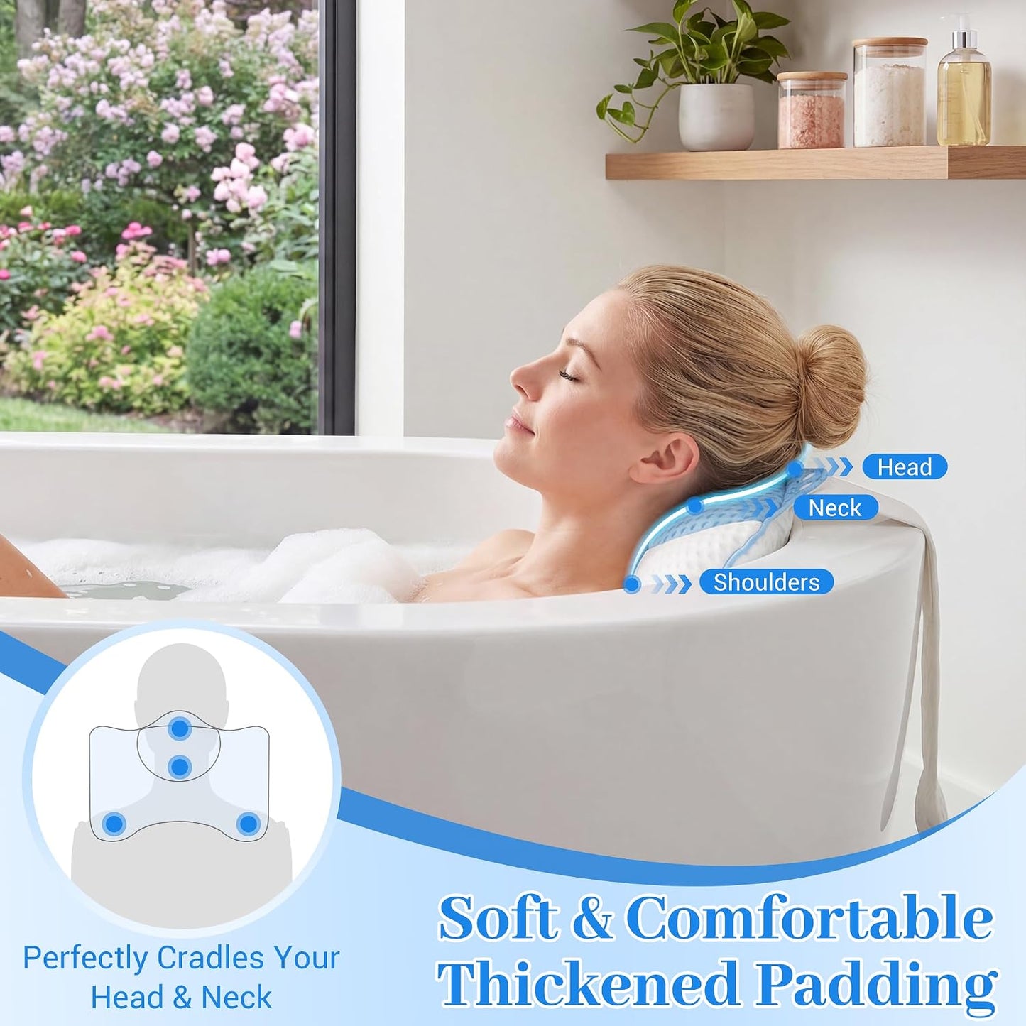 3D Mesh Hot Tub Pillow Headrest Cushion, Adjustable Height with Long Strap & Hook, Quick-Dry Ergonomic Neck Support Pillow, Universal Fit for Spa Bathtub, Chaise Lounge (2-Pack(White&Blue)