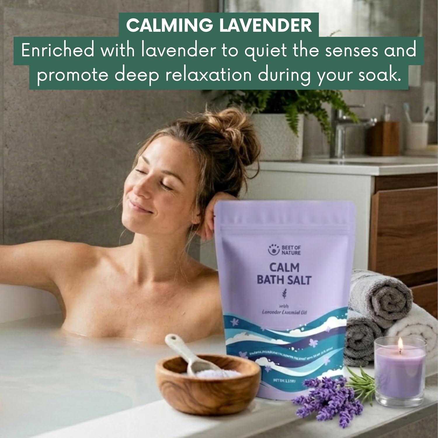 Best of Nature Calm Epsom Salt Bath Soak with Lavender Essential Oil, Mineral-Rich Bath Salts, Resealable Bag, 2.2 lb