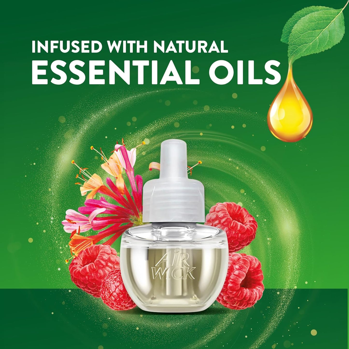 Air Wick Plug-In Scented Oil Refills, 4 Count, Lush Honeysuckle and Raspberry, Air Freshener, Essential Oils, Eco Friendly