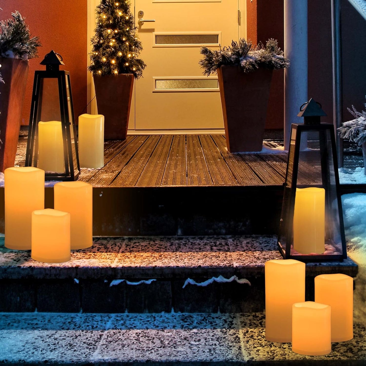 12" x 5" Waterproof Extra Large Outdoor Flameless Candles Battery Operated LED Flickering Pillar Candles with Remote for Indoor Outdoor Lanterns, Long Lasting, Ivory White Large, Set of 2