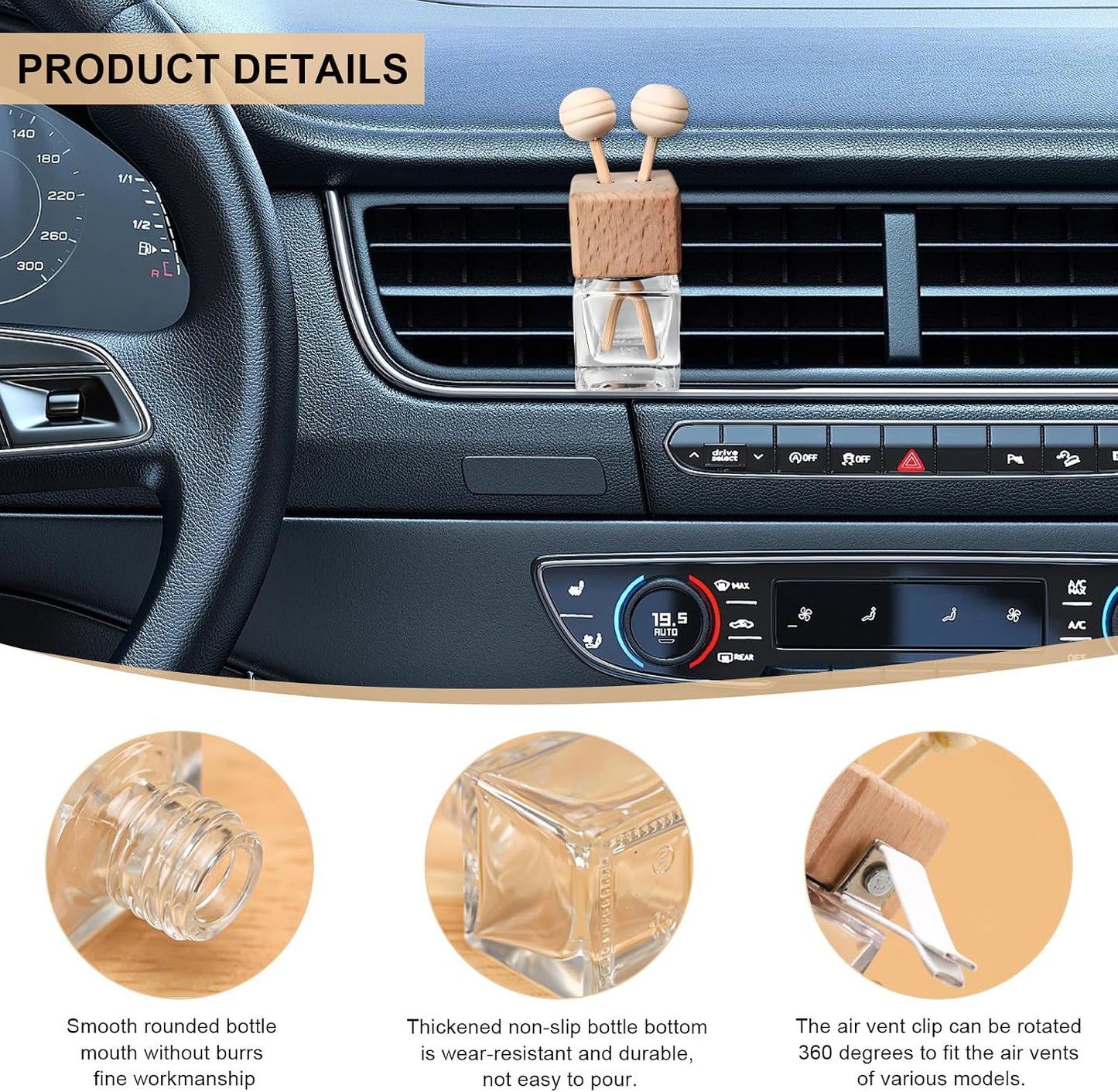 KVAEY 2PCS Car Diffuser Air Freshener Bottle, Refillable Empty Glass Perfume Bottles with Vent Clip, Universal Essential Oil Diffuser for Most Vehicles, Interior Car Accessories (2PCS)