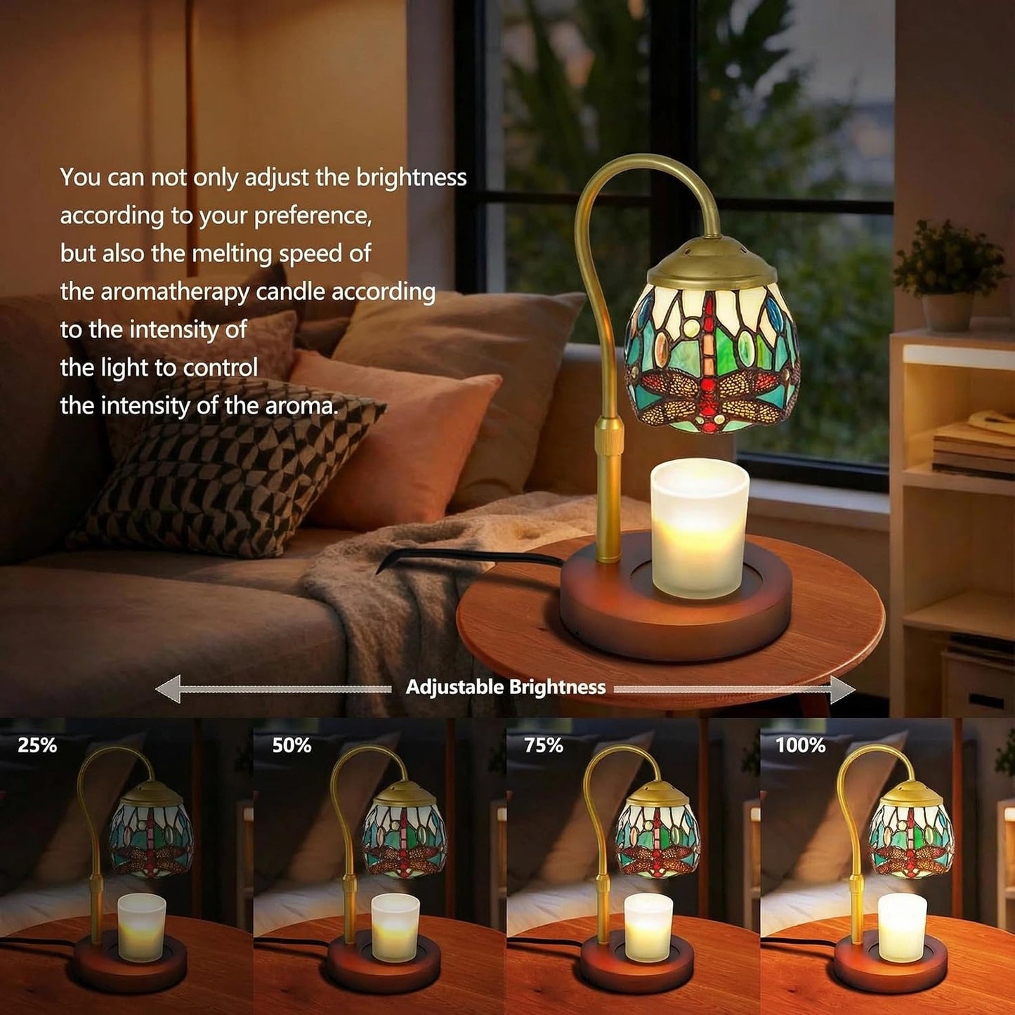 Dragonfly Tiffany Style Candle Warmer Lamp, Adjustable Height Candle Warmer Lamp with Timer and Dimmer, Dimmable Electric Candle Warmer for Scented Wax, Glass Shade, Metal Stem, Wooden Base