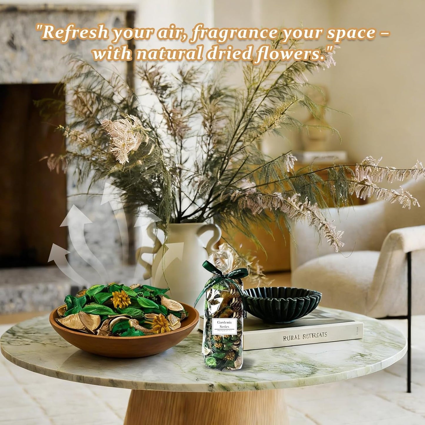 Potpourri Bags with 5 Clear Mesh Bags – Green Dried Flower Petals for Vase Filler, Bathroom Decor, Travel Sachets & DIY Fragrance