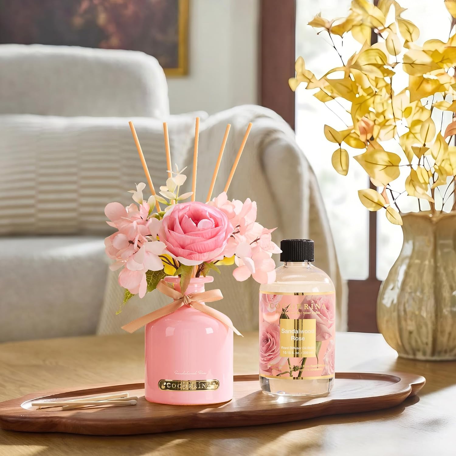Cocorrína Reed Diffuser Refill Sandalwood Rose 10.2oz (300ml) with 8 Sticks - Premium Long-Lasting Floral Essential Oil, Home Fragrance for Bedroom, Bathroom Home Decor