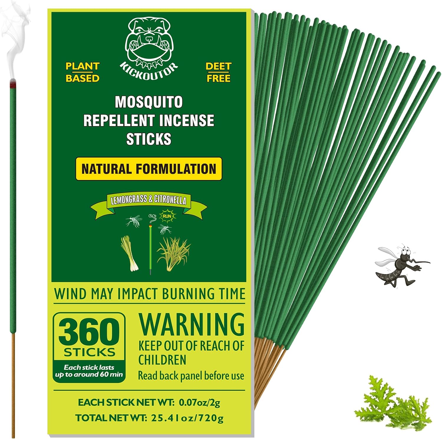 KICKOUTOR Mosquito Incense Sticks with Natural Citronella Oil, 360 Count DEET-Free Outdoor Mosquito Repellent for Patio, Backyard Gatherings & Camping, Up to 1 Hour Against Gnats & No-See-Ums