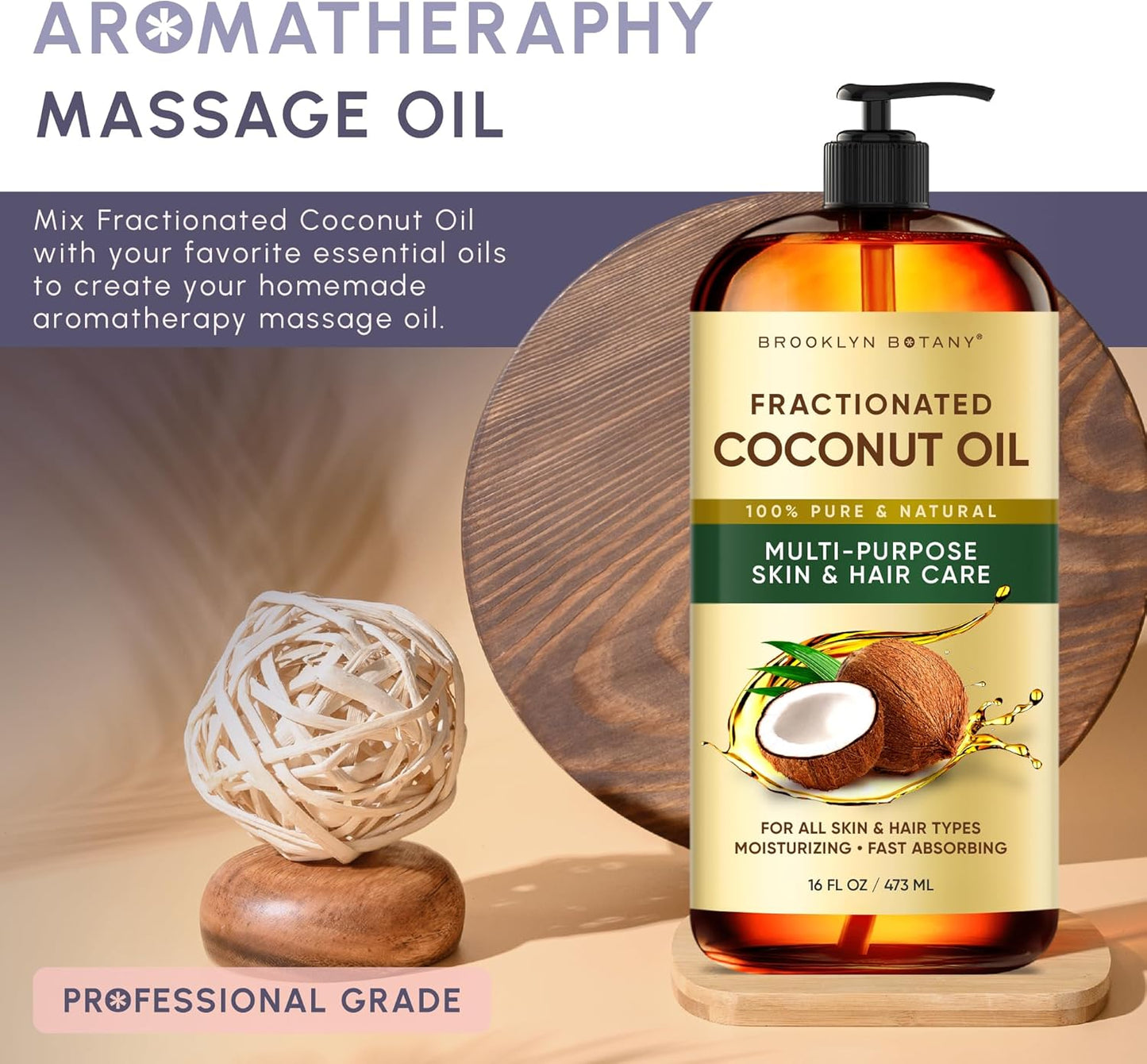 Brooklyn Botany Fractionated Coconut Oil | 16 Fl Oz | Hair | Face | Body | 100% Pure and Natural | Carrier Oil | Aromatherapy | Massage | Ayurvedic Hair Care | Hexane-Free