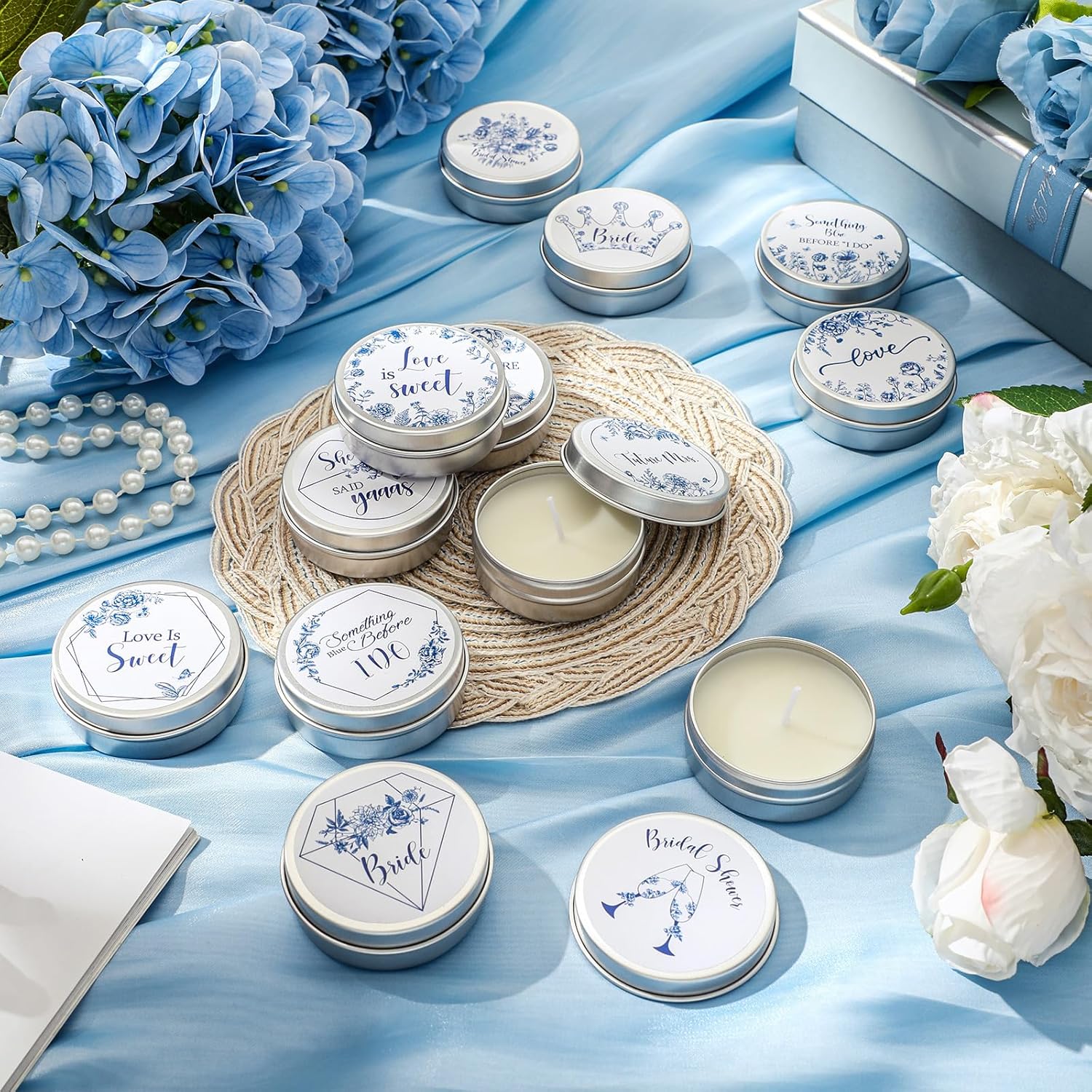 Treela 24 Pcs Something Blue Before I Do Candles Favors Lavender Scented Candle Tins with Lids Floral Candle Gift Favors for Something Blue Bridal Shower Bachelorette Engagement Wedding Party