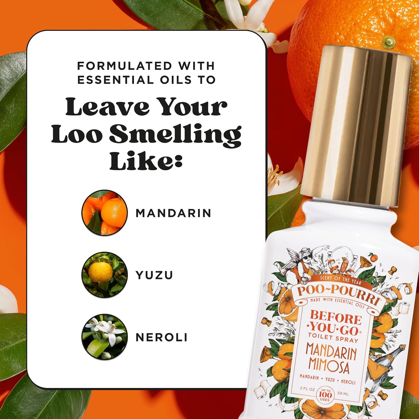 Poo-Pourri Before-You-Go Toilet Spray, Mandarin Mimosa, 2 Fl Oz, Up to 100 Uses, Bathroom Odor Deodorizer with Essential Oils for Home or Work, Travel Essentials, TSA Approved Size