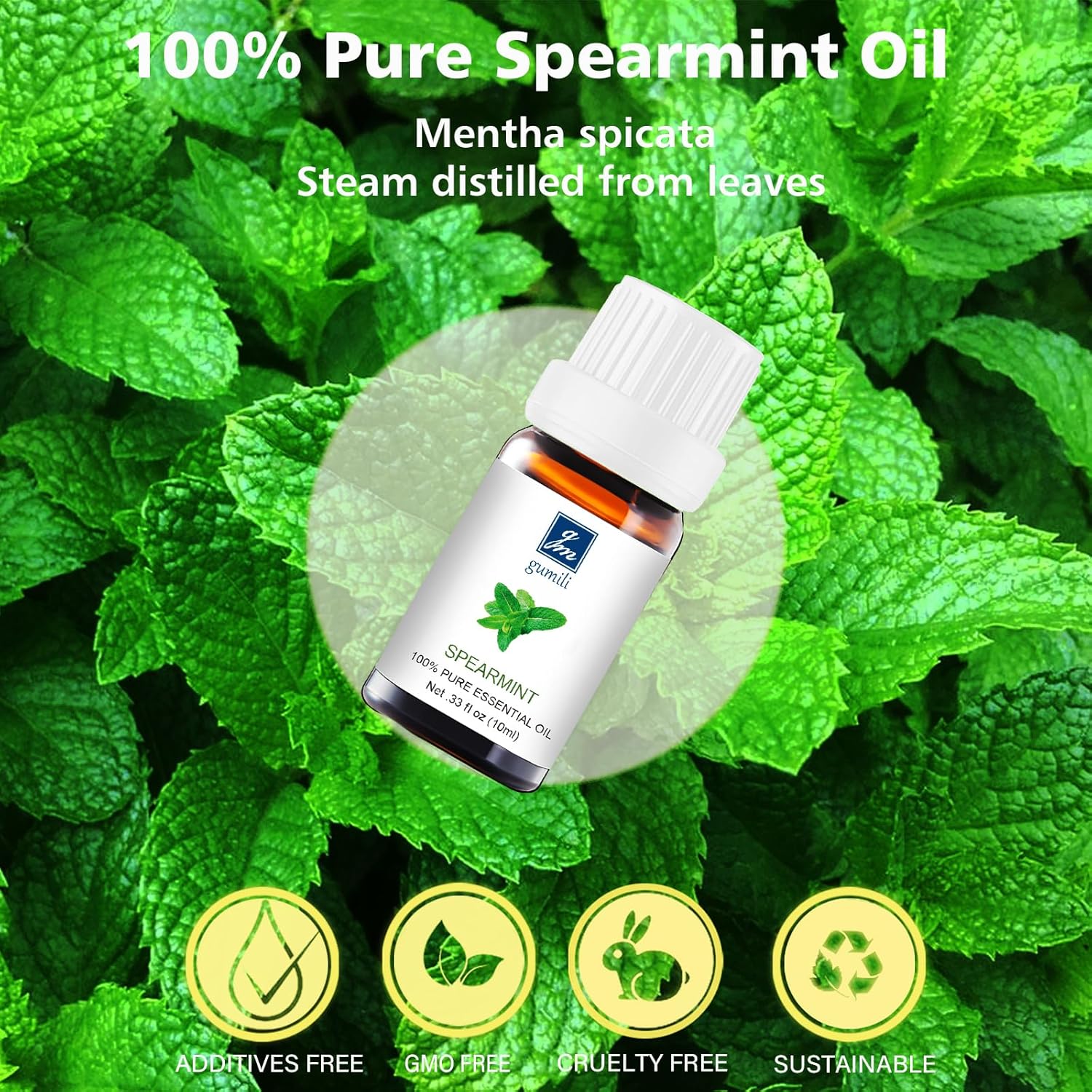 GM Gumili Spearmint Essential Oil, 100% Pure Natural Spearmint Oil for Diffuser, Face, Skin, Hair Care - Refreshing Aroma - 10mL
