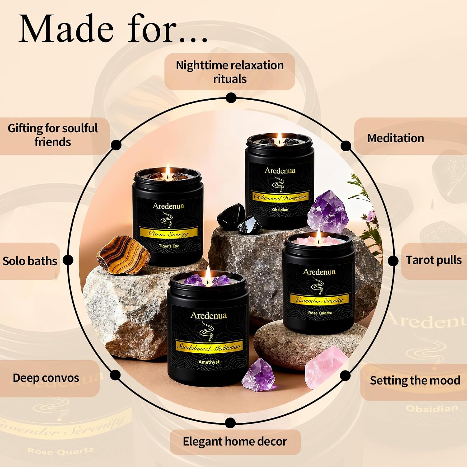 Scented Candles Set, 4 Pack Crystal Healing Candles with Rose Quartz Amethyst Tiger Eye Obsidian, 7oz Natural Soy Wax Candles, Lavender Citrus Sandalwood Cedar, Meditation Gifts for Women Men