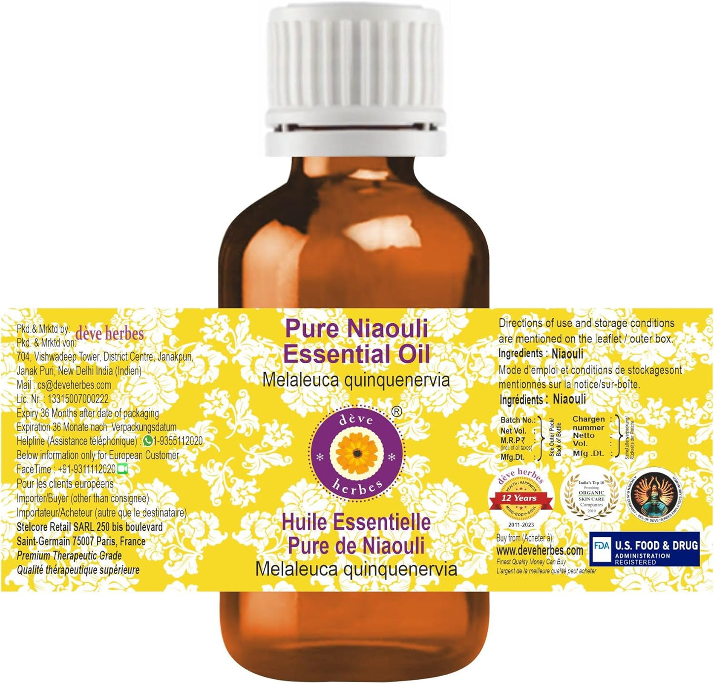 Deve Herbes Pure Niaouli Essential Oil (Melaleuca quinquenervia) Steam Distilled 10ml (0.33 oz)