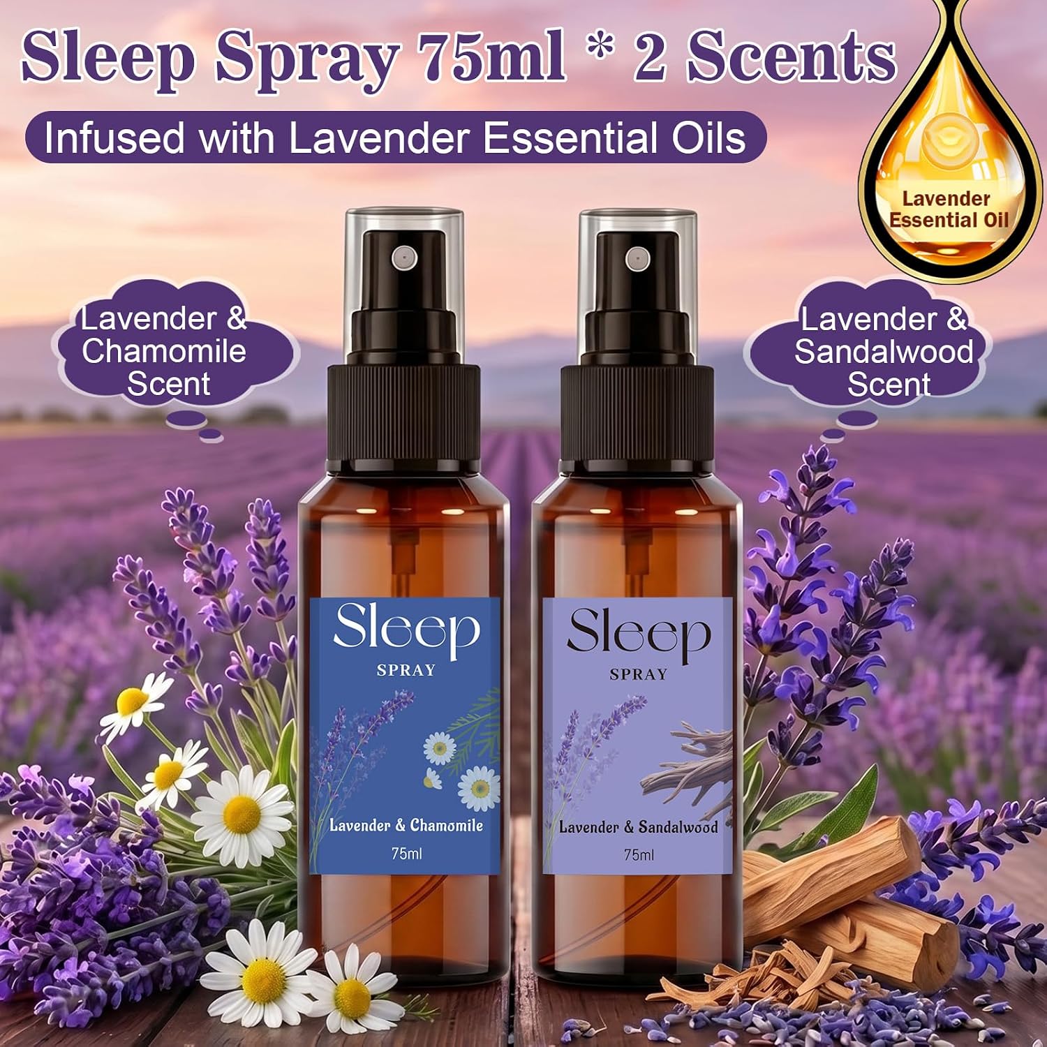 STRN Room Spray with Lavender Essential Oil for Sleep, Sleep Spray, Pillow Spray, 2 Scents - Lavender & Chamomile, Sandalwood, Sweet Dream Fragrance Mist, 75 ML x 2 Bottles