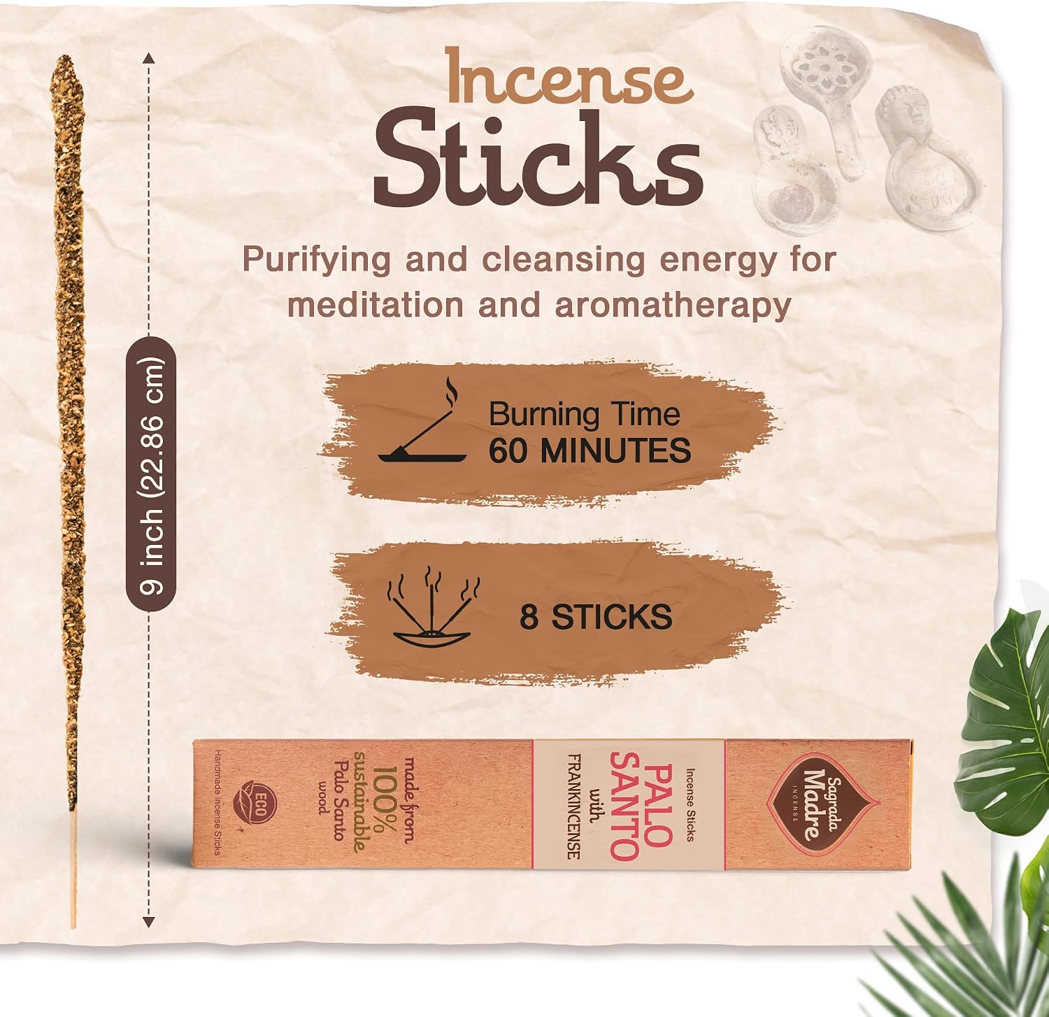 Sagrada Madre 8pcs Wildly Harvested Thick Palo Santo Incense Sticks (Frankincense), 9” Long - Eco Friendly, Non-Toxic, Aromatic Incense Sticks (1hr Burning Time) to Heal & Calm Your Body & Environment