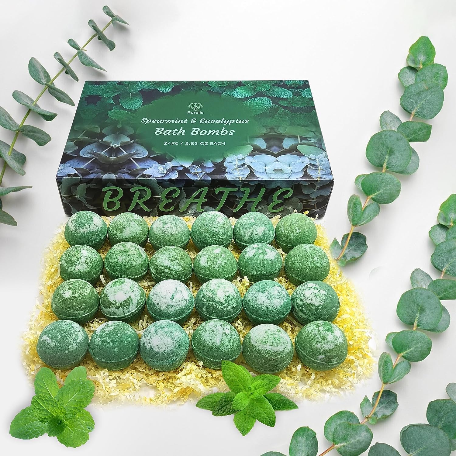 Purelis Handmade 24-Pack Spearmint & Eucalyptus Bath Bombs - Natural Moisturizing Aromatherapy Bath Bombs for Men and Women