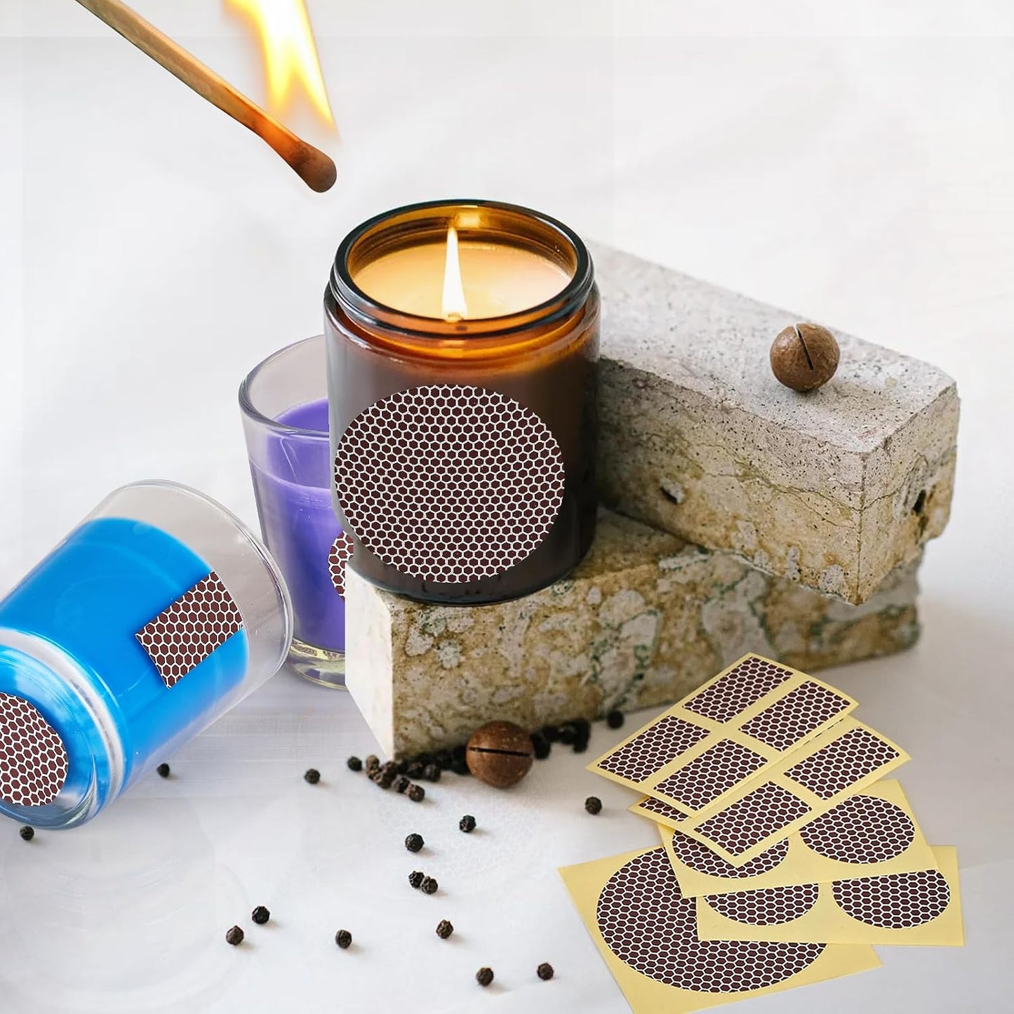 60 Pcs Match Striker Paper with Adhesive, 3 Sizes of Matches Sticker Striker for Match Holder, Matches for Candles, Matches Box Bulk, Matches in A Jar with Striker, Decorative Match Cloche