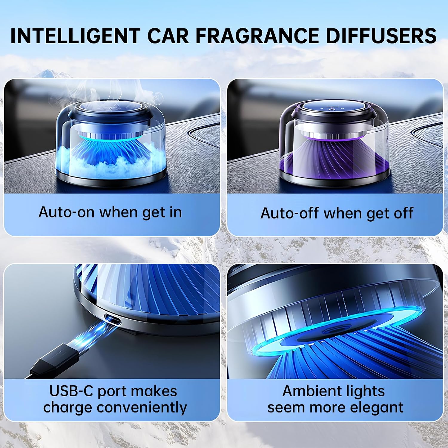 Smart Car Air Freshener, Car Air Freshener Diffuser with Starry Sky Projection Auto On/Off Intelligent, 3 Adjustable Mist Modes Rechargeable Aromatizante para Carro - Car Diffuser