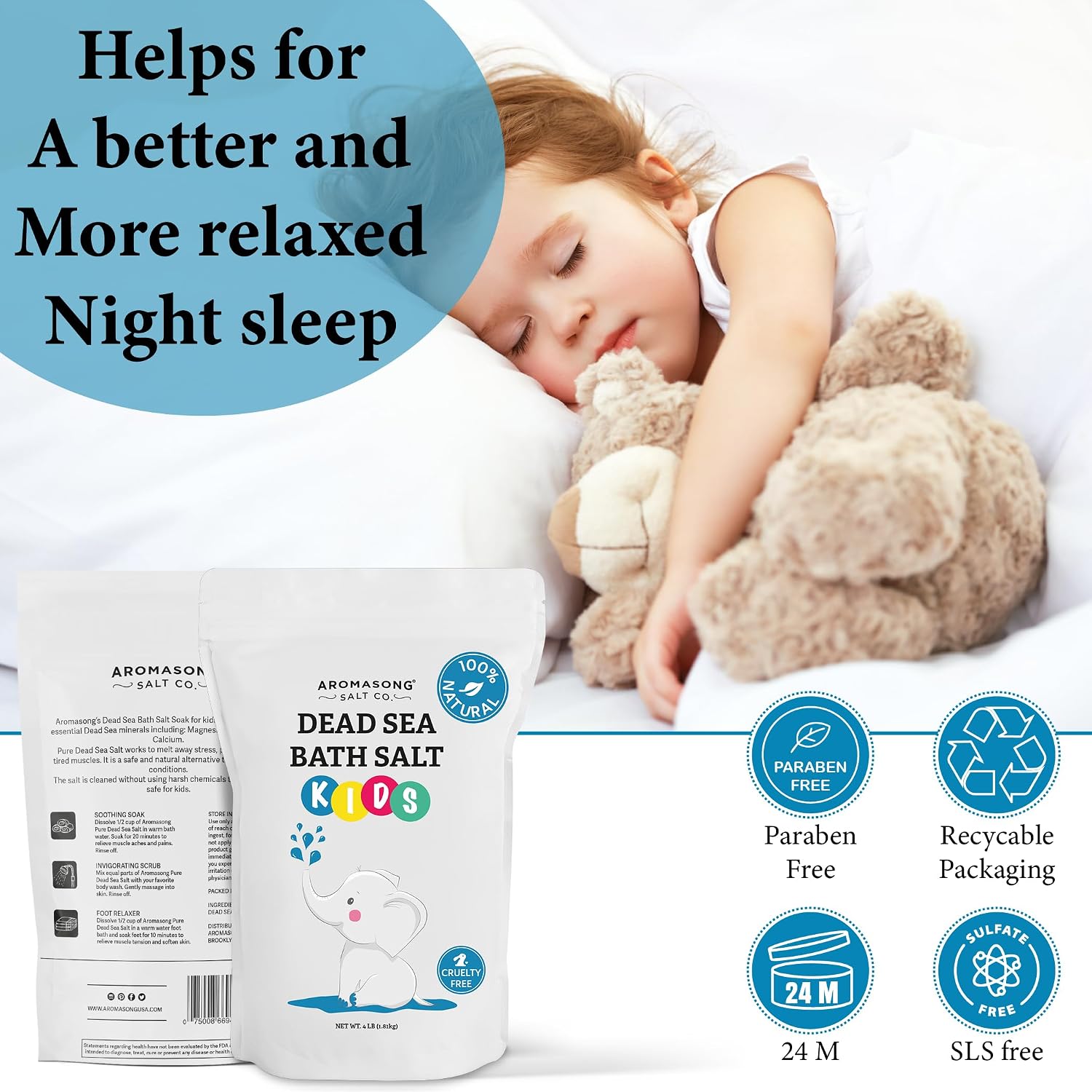 Aromasong Dead Sea Salt for Kids Bath Soak, 4 Lbs. Fine Grain Large Bulk resealable Pack, 100% Pure & Natural.