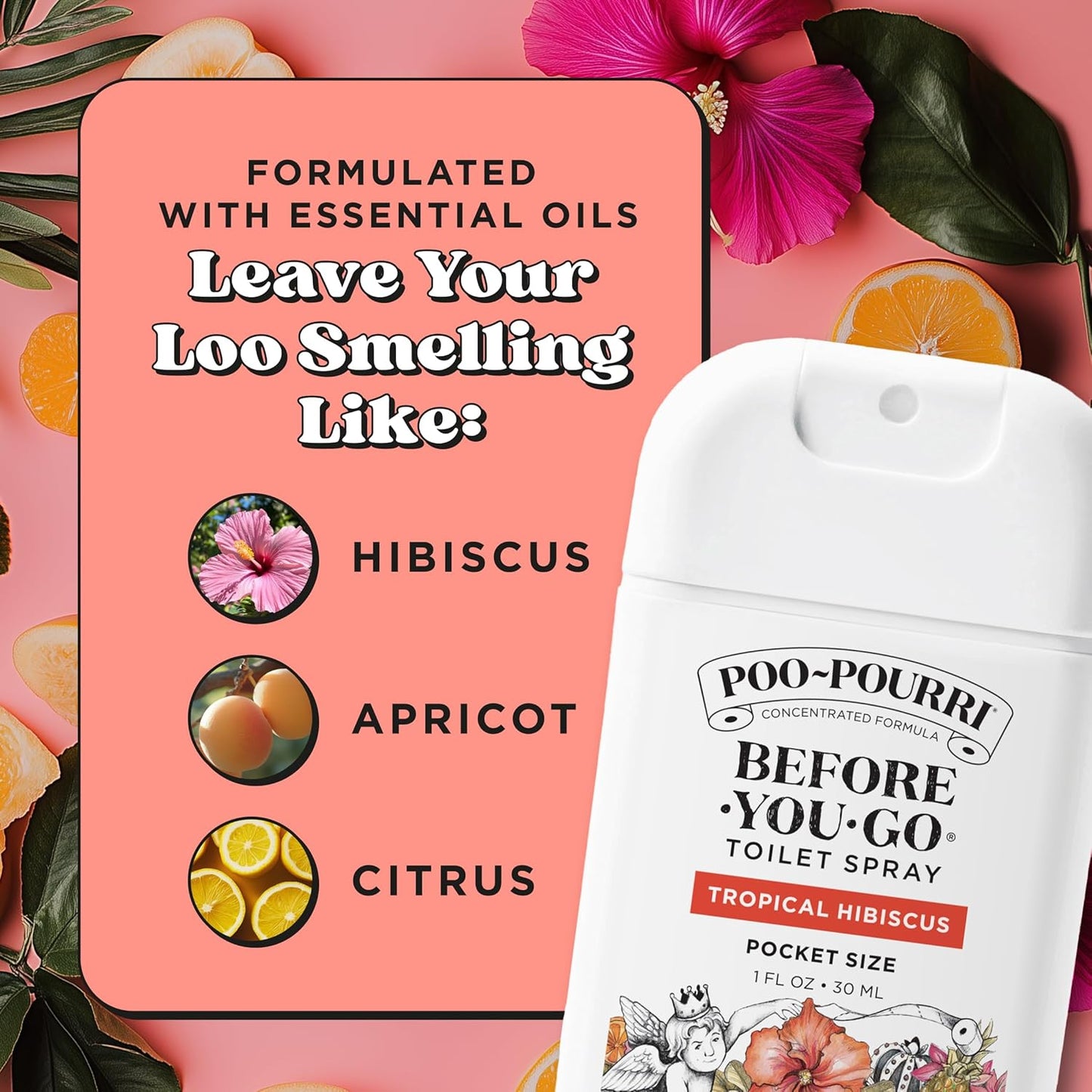 Poo-Pourri Before-You-Go Pocket Toilet Spray, Travel Essentials, Tropical Hibiscus, 1 Fl Oz, Up to 50 Uses, On-The-Go Bathroom Odor Deodorizer with Essential Oils, TSA Approved Size, Hibiscus, Apricot