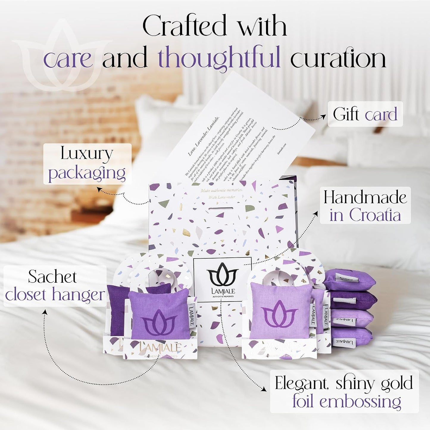Lamiale Croatian Lavender 8 Scented Sachets for Drawers and Closets – Handmade Sachets, Natural Air Freshener, Moth Repellent, Ideal Gift for Her, Valentine's Day, Housewarming, Mother's Day.