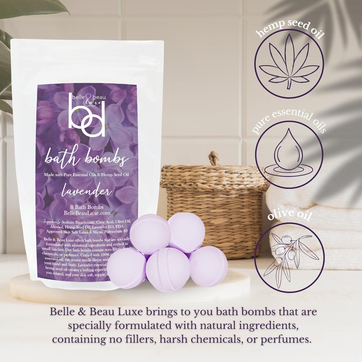 Belle & Beau Luxe Hemp Bath Bombs - Made with Organic Hemp Seed Oil and Pure Essential Oils - 8 Count