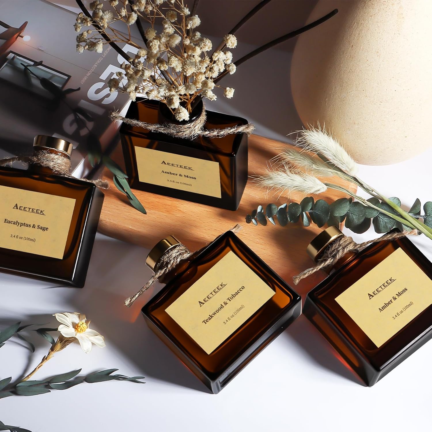 Reed Diffuser, Amber & Moss Essential Oil Diffuser with Dried Flowers, 3.4 oz Scented Oil Air Freshener, Handmade Home Decor, Long-Lasting Room Scent Fragrance for Office, Bathroom