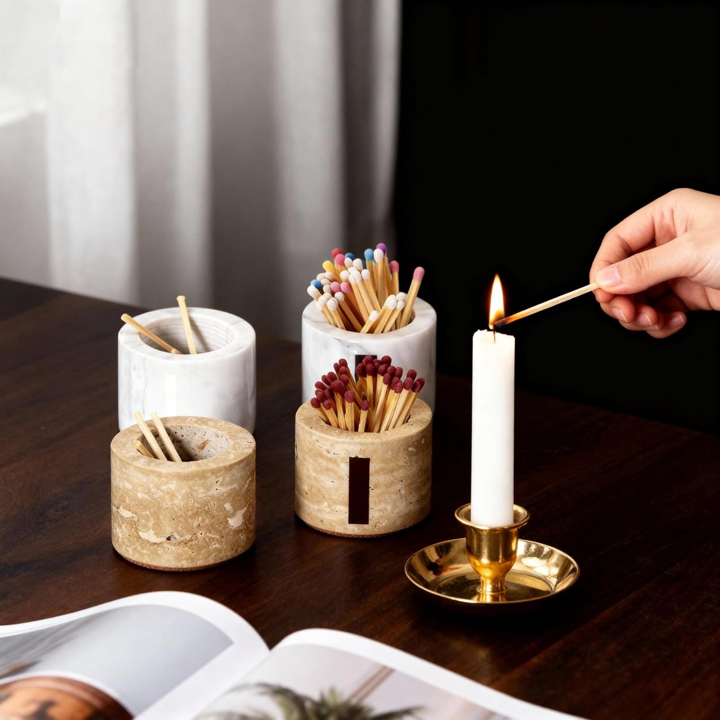 (2 Pcs) Marble Match Holder with Striker, 2.6" x 2" Matches in a jar, Candles Cute Home, Bathroom Decor - Candle Lover Gifts - Matches Not Included