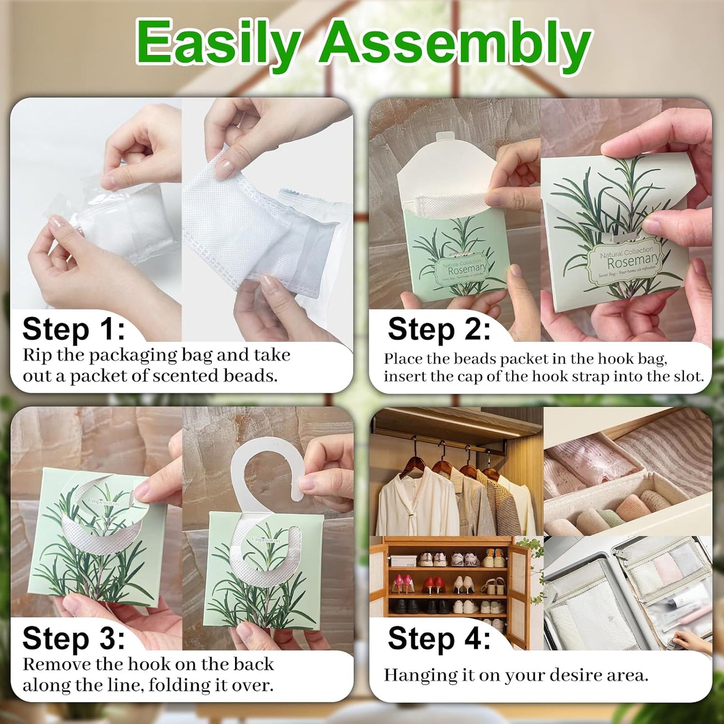 24 Pack Rosemary Sachets for Drawers and Closets, Natural Drawer Scented Sachets Deodorizers Closet Fresheners for Clothes with 10 Hanging Bags
