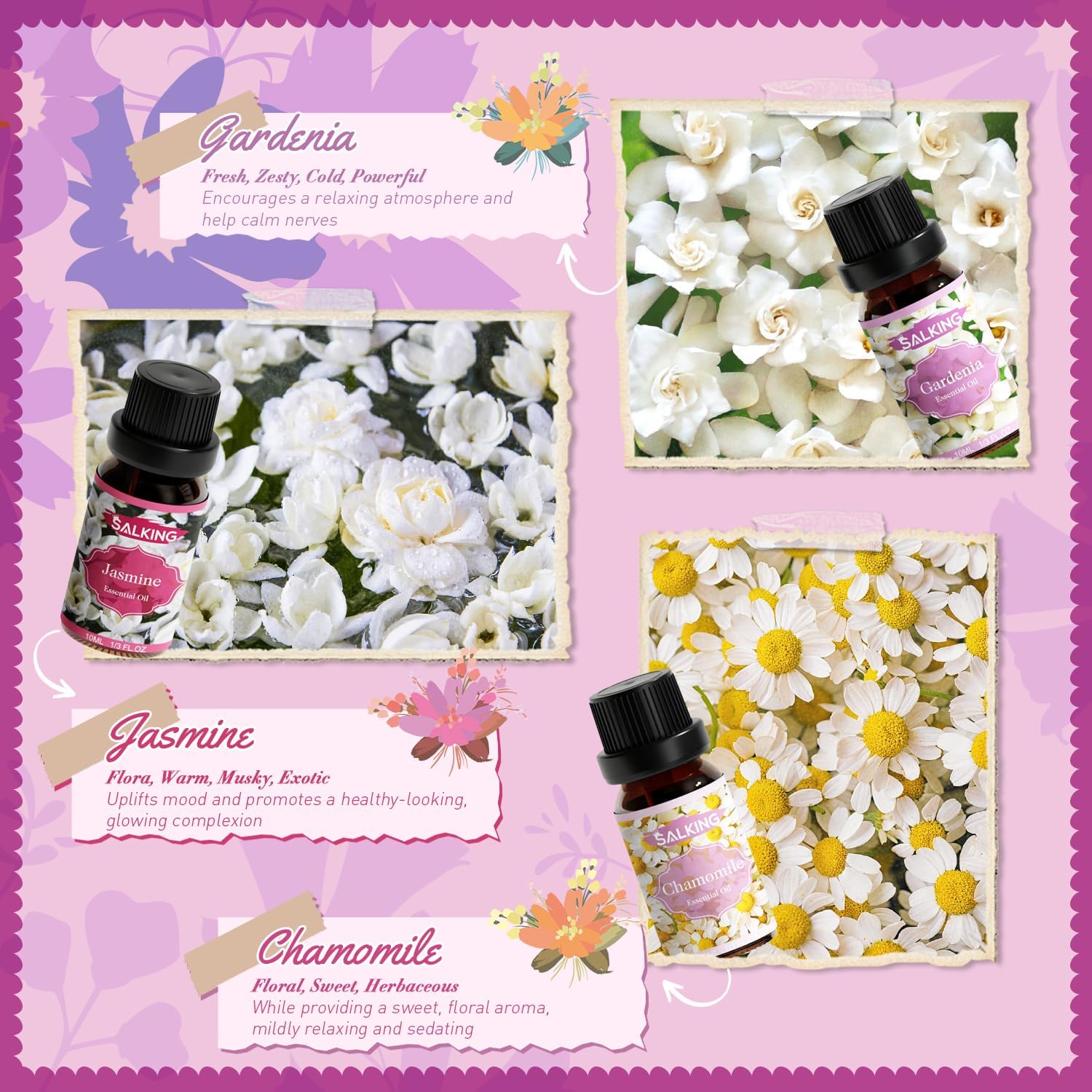SALKING Floral Essential Oils Set, Premium Pure and Natural Essential Oils, Fragrance Oil Scented Oils for Oil Diffusers 6 x 10 ML - Lavender, Rose, Jasmine, Cherry Blossom, Gardenia, Chamomile