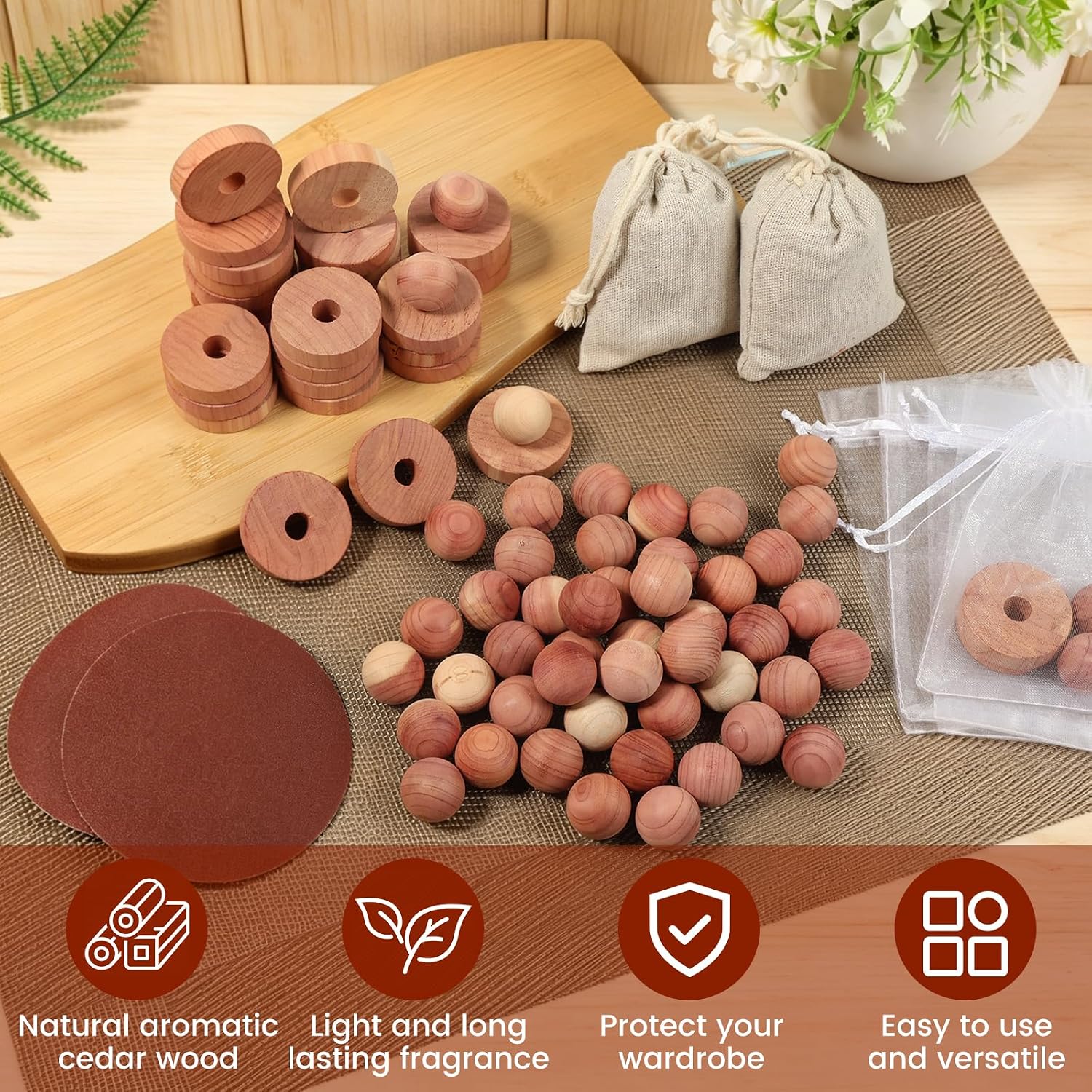 Cedar Blocks for Clothes Storage with Linen Bag, 100% Natural 50 Cedar Ball & 30 Ring for Closets & Drawers Fresh Scented Sachets