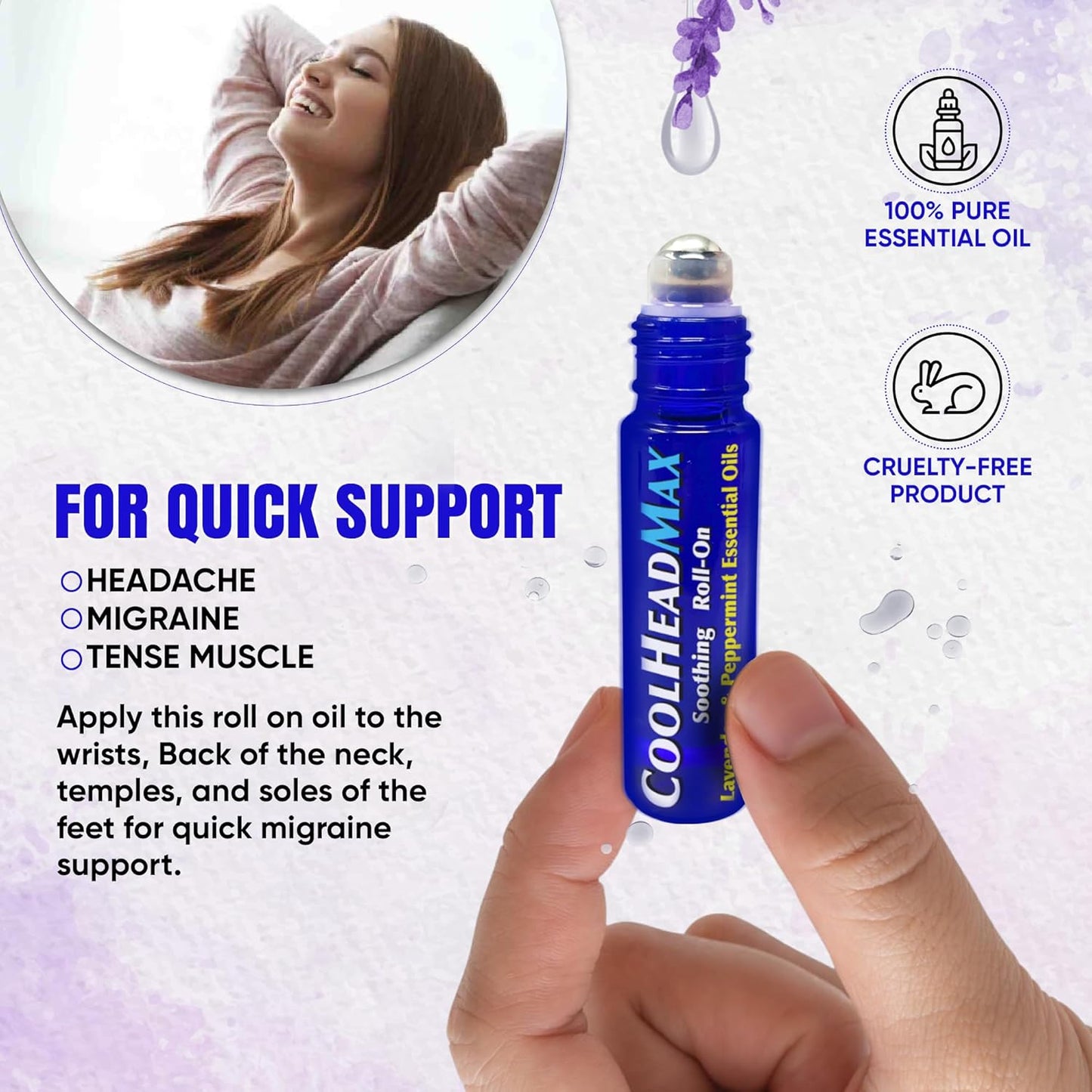 CoolHead Max Headache Roll On, Natural Essential Oil Migraine Topical, Headache Support Essential Oil Roller, Fast Cooling Comfort with Lavender and Peppermint Essential Oils (1 Pack)