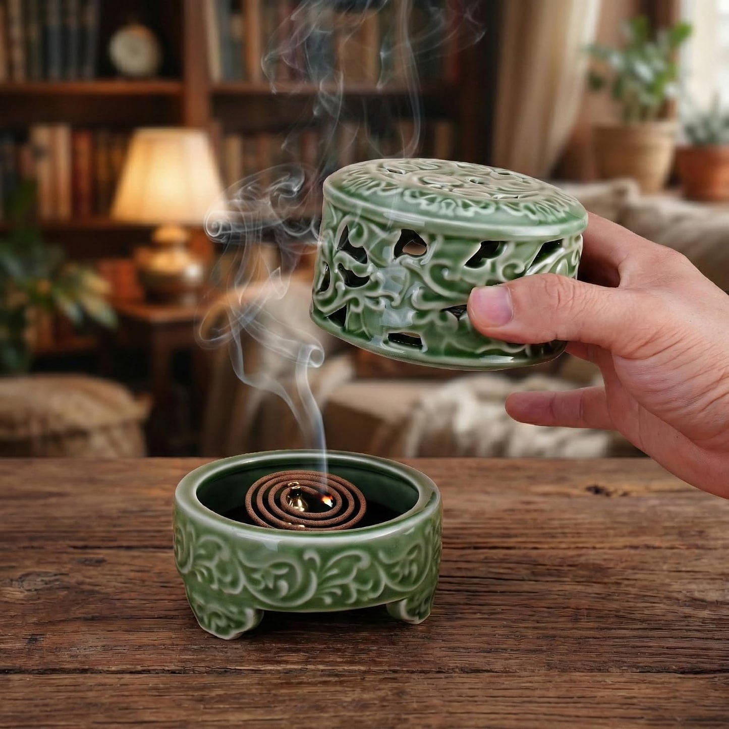 USMOLA Incense Burner with Lid, Ceramic Incense Holder for Stick Cones & Coils Incense with Burn Cotton for Home, Office, Yoga, Green Lotus
