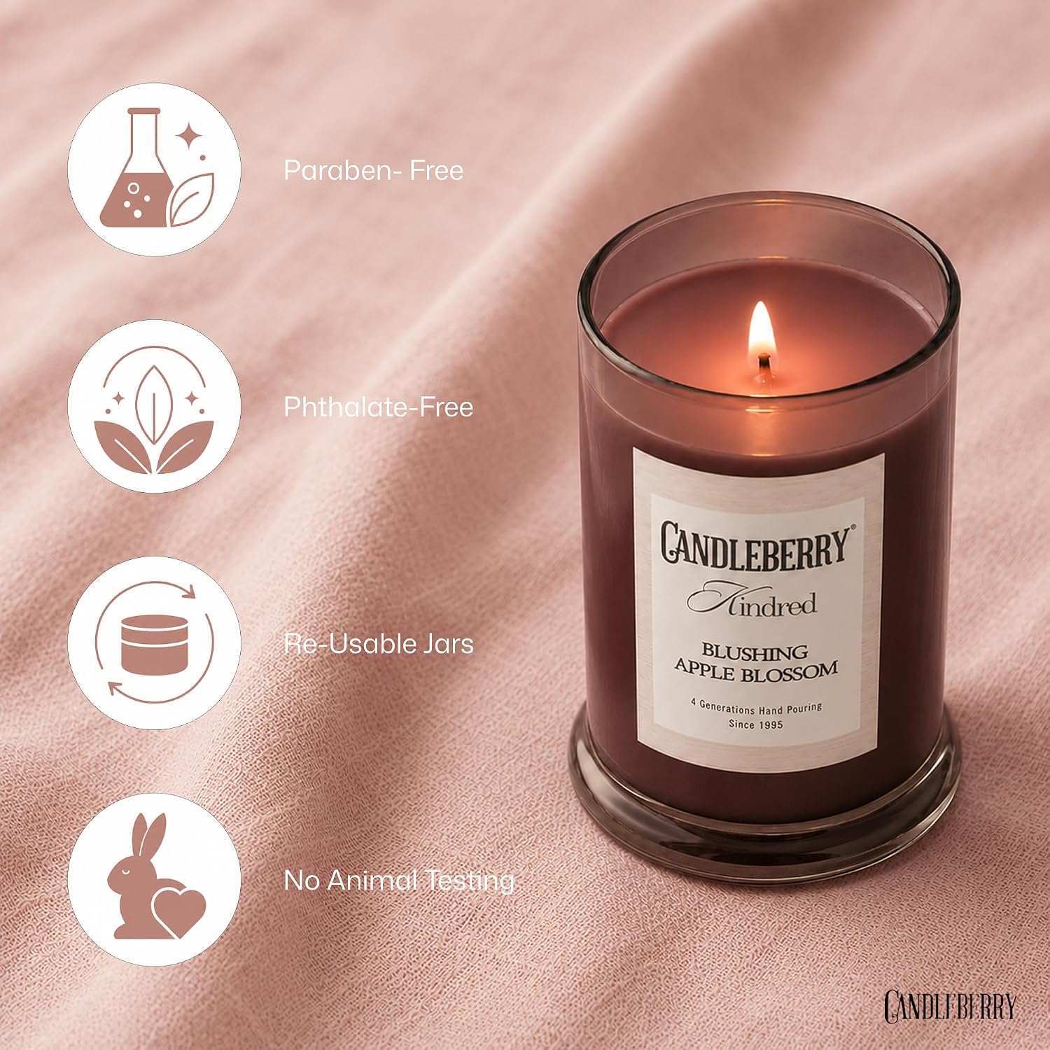 Candleberry Candles Kindred Spring Summer Collection | Luxury Glass Jar | USA Hand Poured Soy Blend Candle | Highly Scented & Long Lasting | Up to 90 Hour Burn Time (Blushing Apple Blossom)