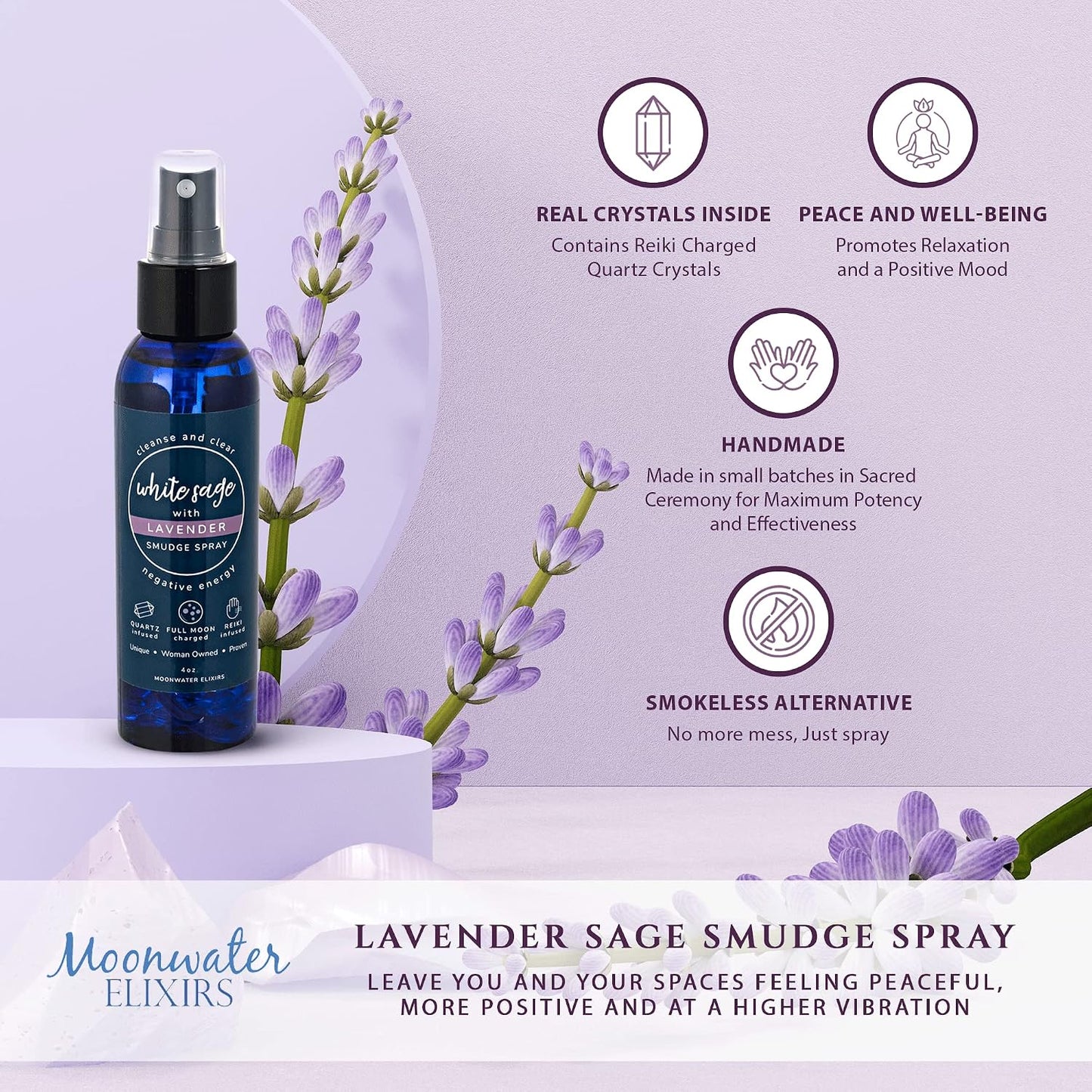 Lavender Sage Aromatherapy Spray for Spiritual Cleansing & Aura Protection, White Sage Lavender Spray - Cleansing Negative Energy & Protection, Clear Quartz Reiki Energized Aromatherapy Room Mist 4oz