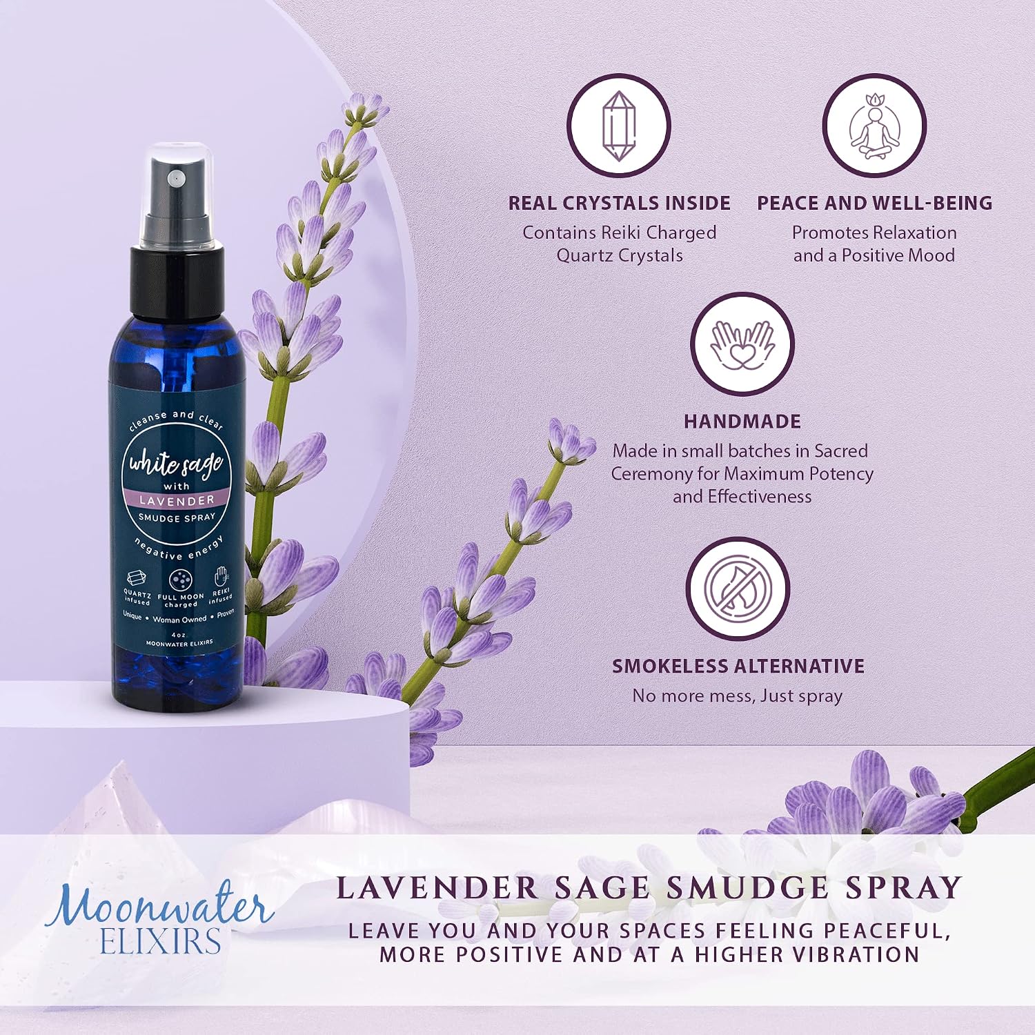 Lavender Sage Aromatherapy Spray for Spiritual Cleansing & Aura Protection, White Sage Lavender Spray - Cleansing Negative Energy & Protection, Clear Quartz Reiki Energized Aromatherapy Room Mist 4oz