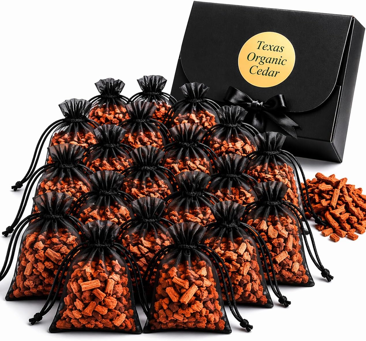 Cedar Sachets (24 Pack) Texas Organic Cedar Wood Premium Closet Freshener Real Cedar Scent Bags for Drawers Clothes Storage Shoes Odor Absorber