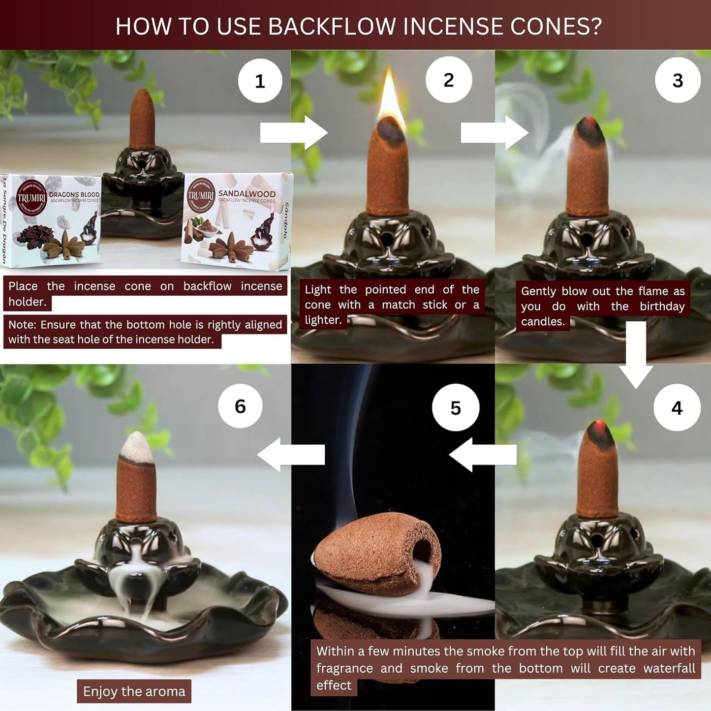 TRUMIRI Backflow Incense Cones - Combo Pack of 20 Waterfall Cones (10 Dragons Blood + 10 Sandalwood)