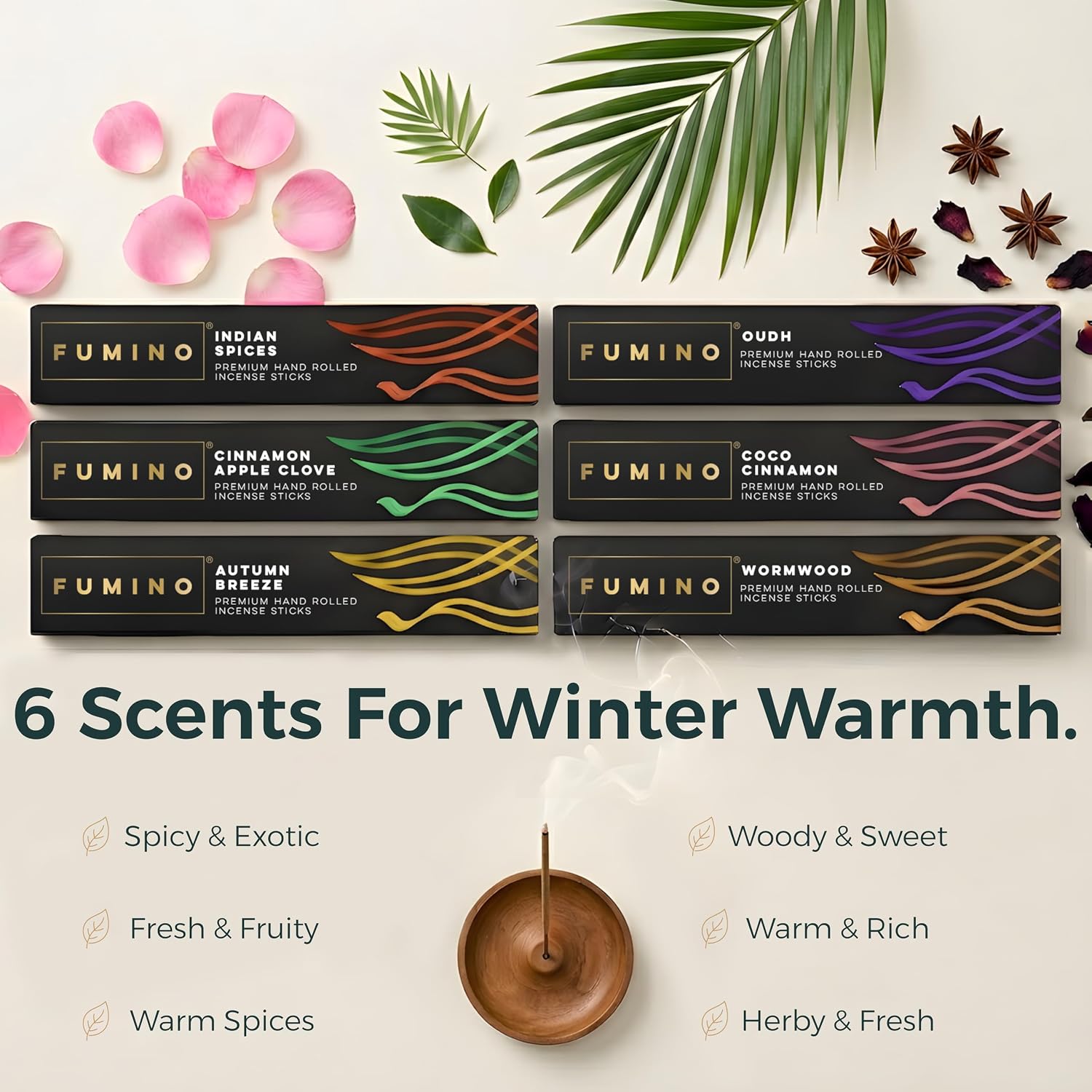 Fumino Incense Sticks Fireside & Frost 84 Pack 6 Fragrances - Handmade Masala Agarbatti Joss Sticks, Natural Low-Smoke Incense for Relaxation & Meditation, Warm Spiced Scents Gift Set