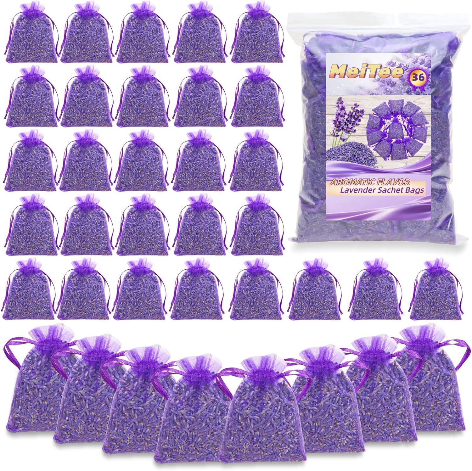 36 Pack Lavender Sachet Bags - 100% Natural Dried Lavender Buds for Closets Drawers Car & Home | French Potpourri Fragrance Sachets Rich Aroma Air Long Lasting Fresh Scents