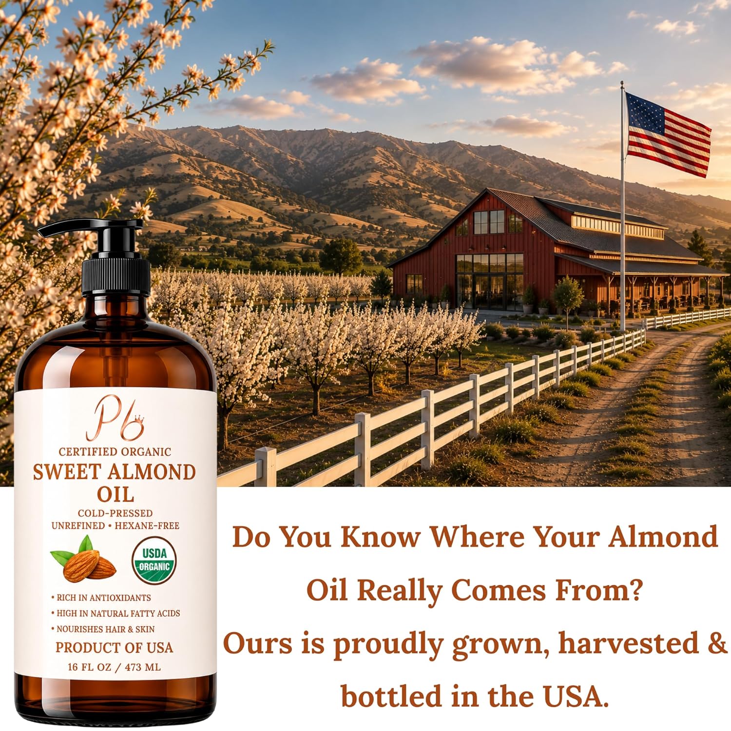 Pomberries Almond Oil 16 fl oz, USDA Organic Cold-Pressed Sweet Almond Oil for Skin, Hair & Body, Premium Organic Carrier Oil in Glass Bottle with Pump, Non-Greasy, Unscented, Hexane-Free