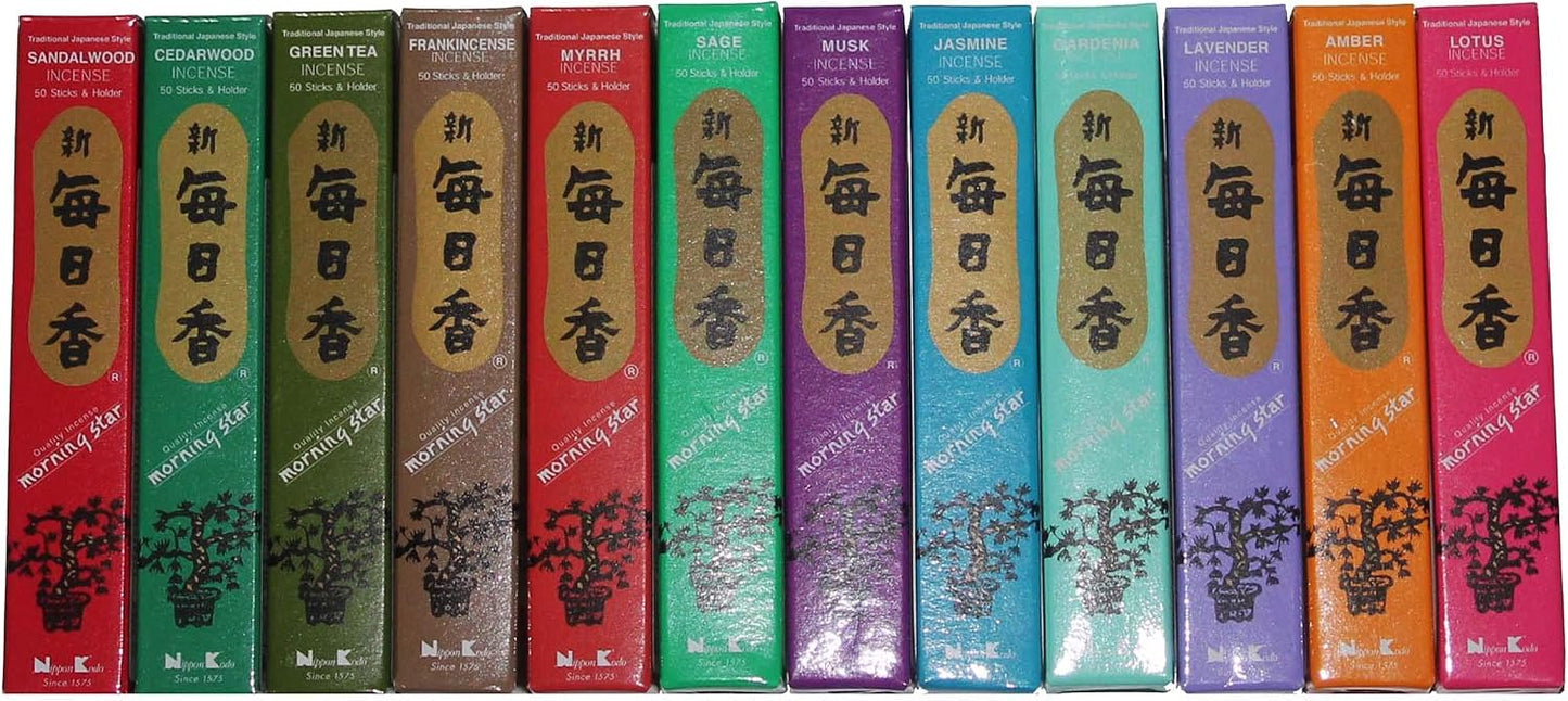Morning Star Nippon Kodo Incense - 12 Fragrance Assortment (Total 12x50, 600 Sticks) - Sandalwood, Cedarwood, Green Tea, Frankincense, Myrrh, Sage, Musk, Jasmine, Gardenia, Lavender, Amber, Lotus