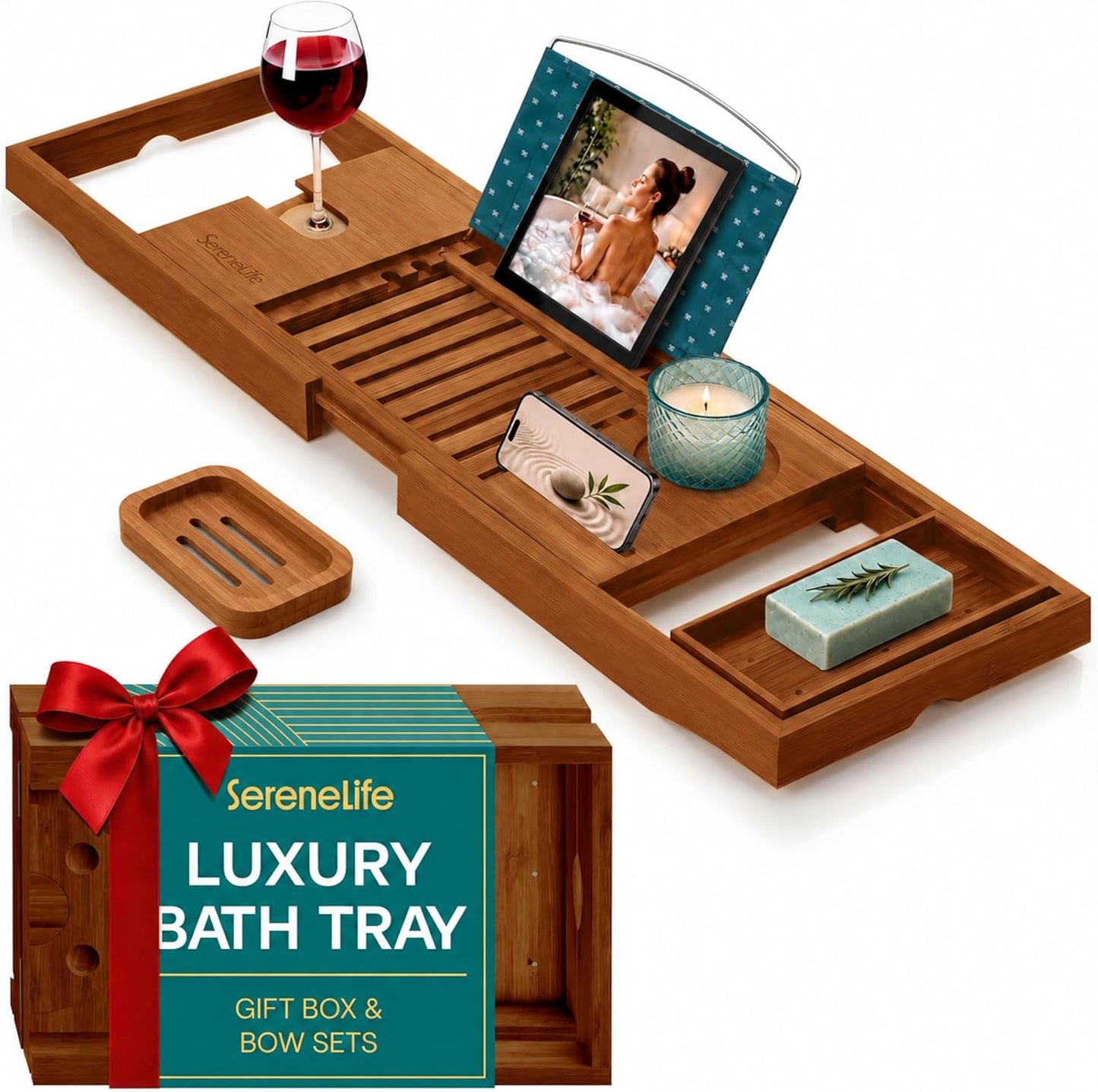 SereneLife Premium Bathtub Tray Caddy with Gift Box and Bow Set, Expandable Bath Tray, Unique House Warming Gifts for Mom, Women, Wedding, Anniversary, Bridal Shower, Fit for All Tub - Brown, Gift Set