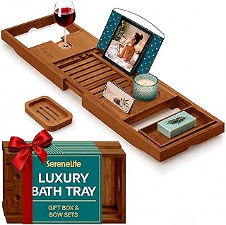 SereneLife Premium Bathtub Tray Caddy, Expandable Bath Tray, Unique House Warming Gifts, Gift for Mom, Women, New Home, Wedding, Anniversary, Bridal Shower, Universal Fit for All Tub - Brown, Gift Set