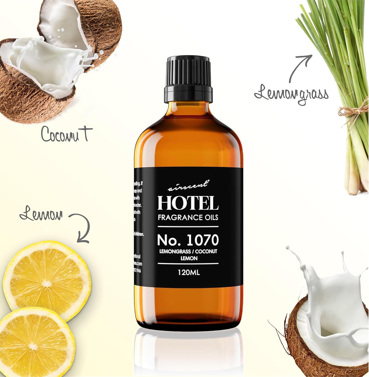 AirScent Hotel Diffuser Oil No. 1070 - Lemongrass, Coconut, Lemon - Premium Fragrance Oil for Ultrasonic and Waterless Diffusers and Crafting - 10 mL, 0.34 fl oz Glass Dropper Bottle